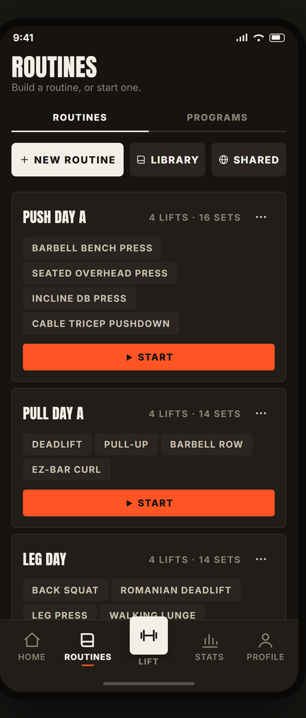 The routines list