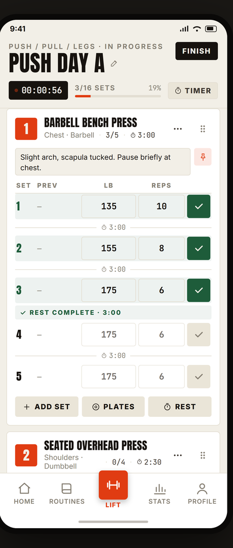 Workout in progress, light theme